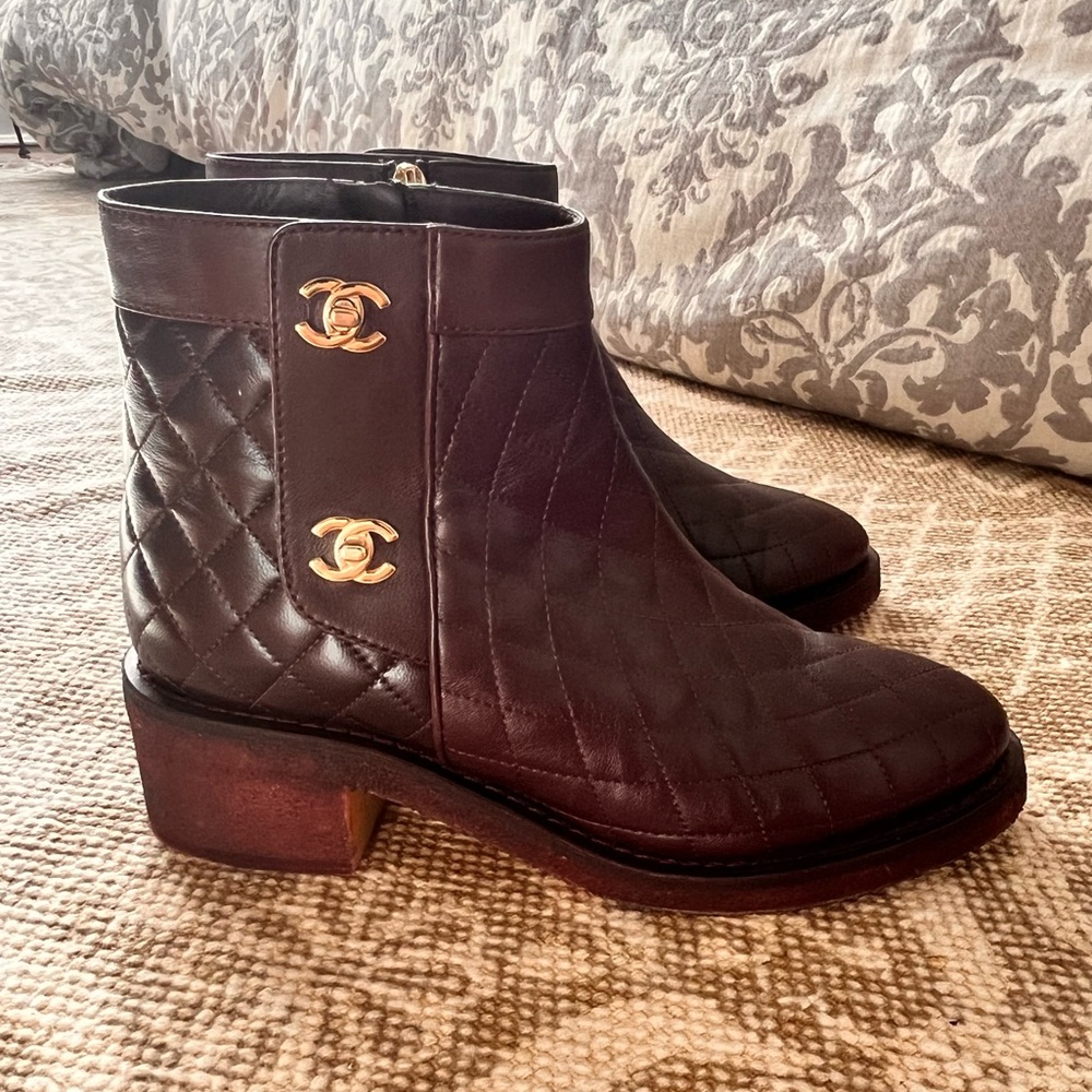 Chanel Quilted Leather Logo Booties Size 38.5
